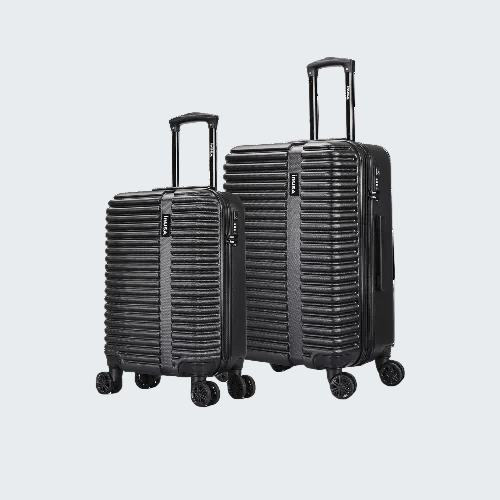 Two black suitcases with striped pattern on a white background