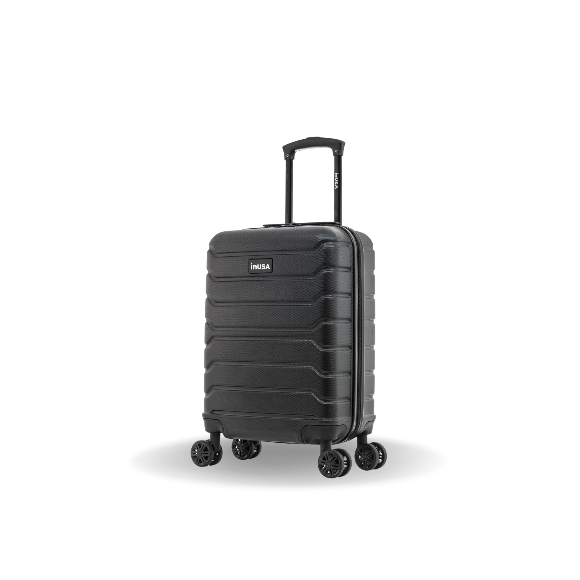 Black suitcase with wheels on a white background