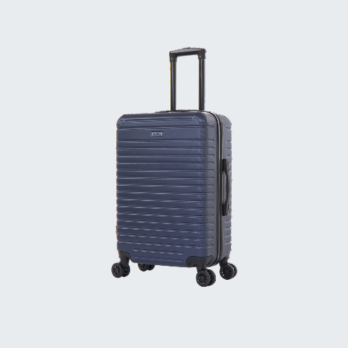Blue suitcase with wheels on a white background