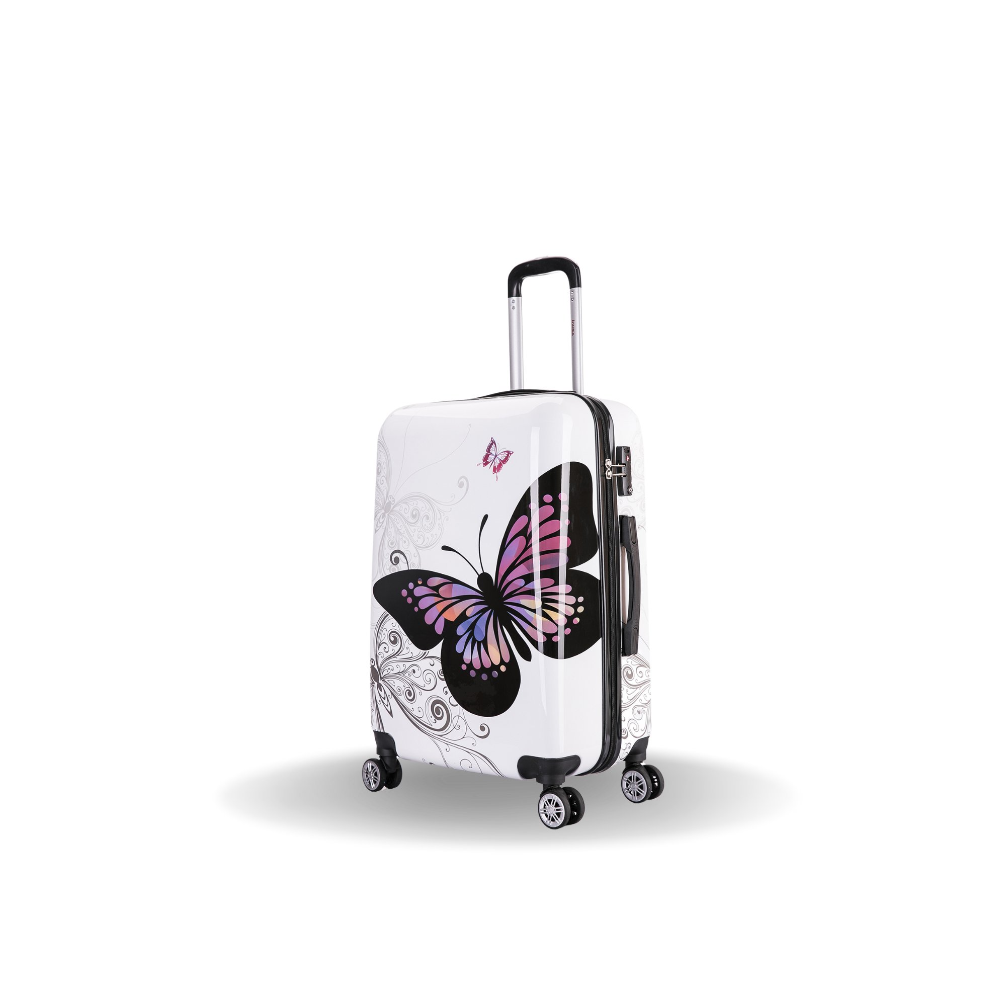 White suitcase with a butterfly design on a white background