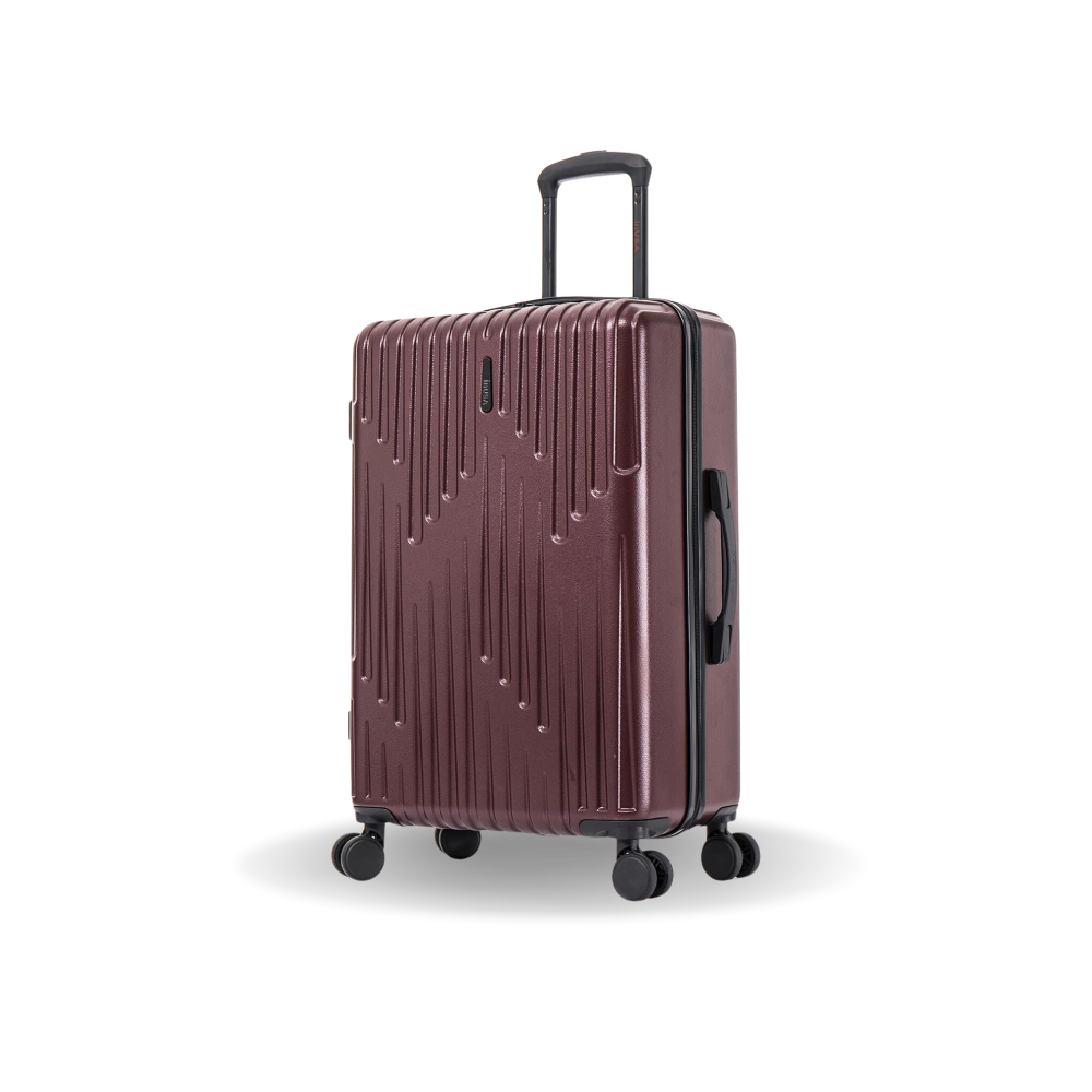 Maroon suitcase with black handle and wheels on a white background