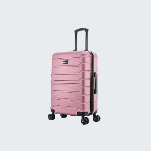 Pink suitcase with black wheels and handle on a white background