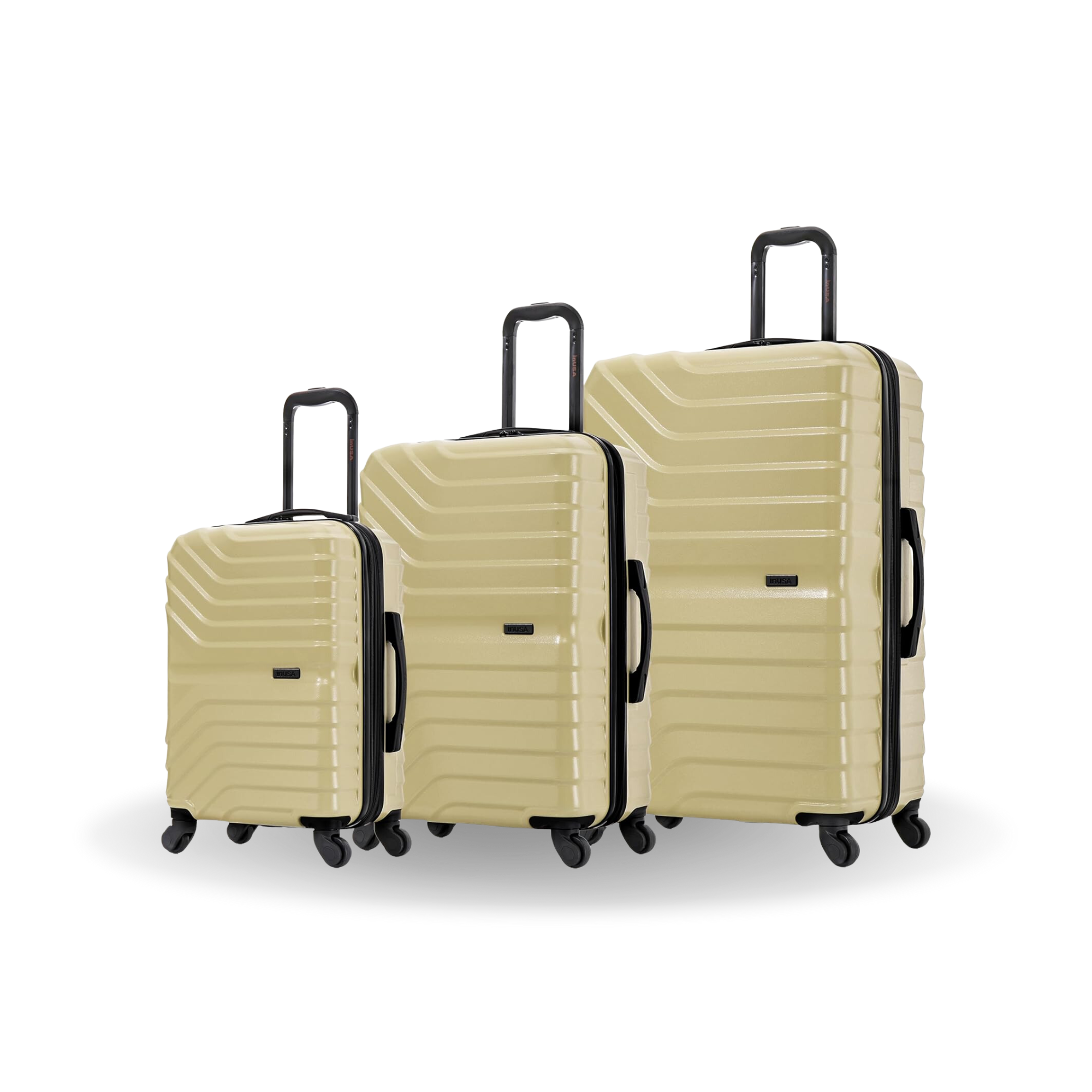 Set of three beige suitcases with black handles and wheels on a white background