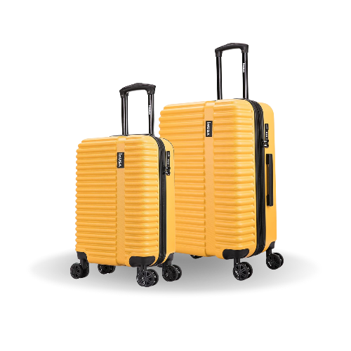 Two yellow suitcases with black handles and wheels on a white background