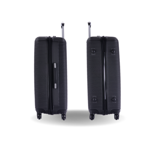 Two black suitcases with a textured surface on a white background