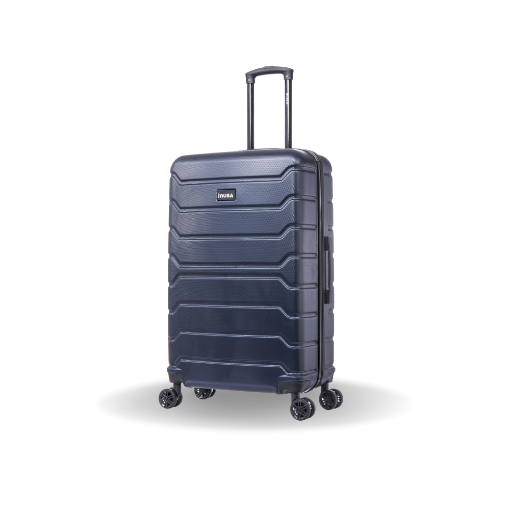 Blue suitcase with a visible brand logo on a white background