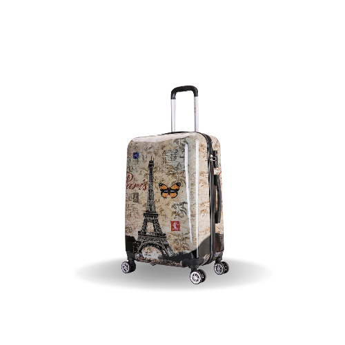 Suitcase with Eiffel Tower and butterfly design on a white background