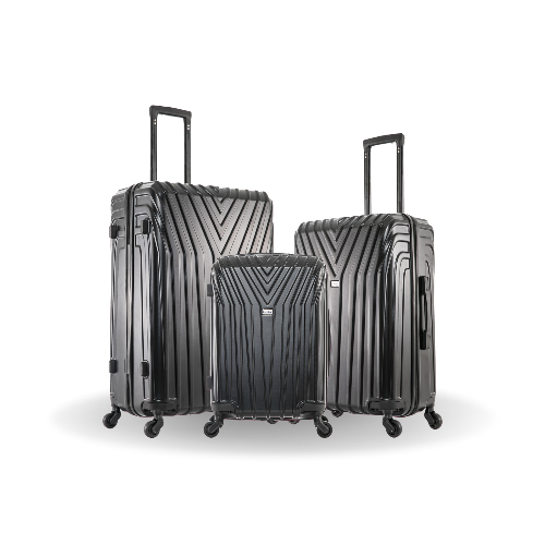 Set of three black suitcases with geometric patterns on a white background