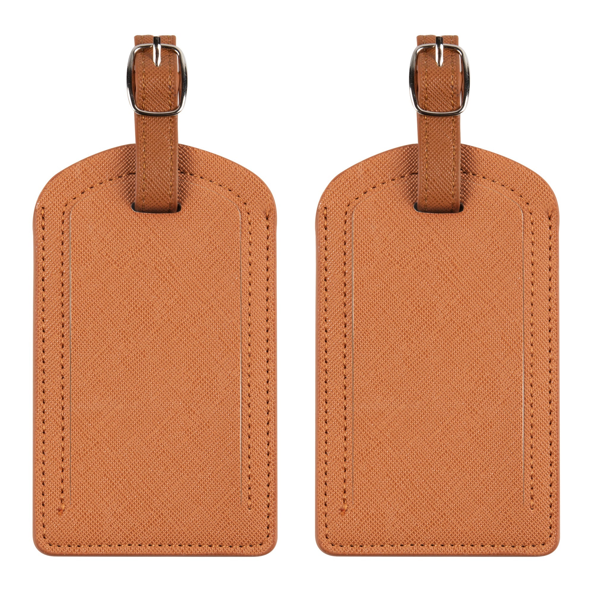 Two brown leather luggage tags on a white background