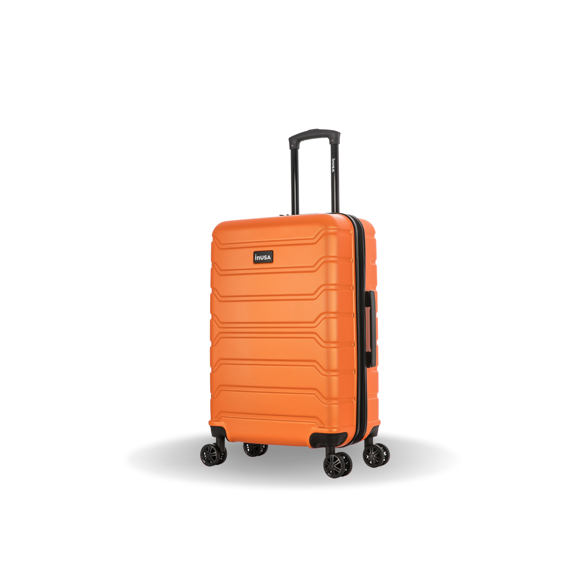 Orange suitcase with wheels on a white background