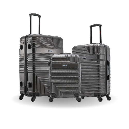 Set of three gray suitcases with geometric patterns on a white background