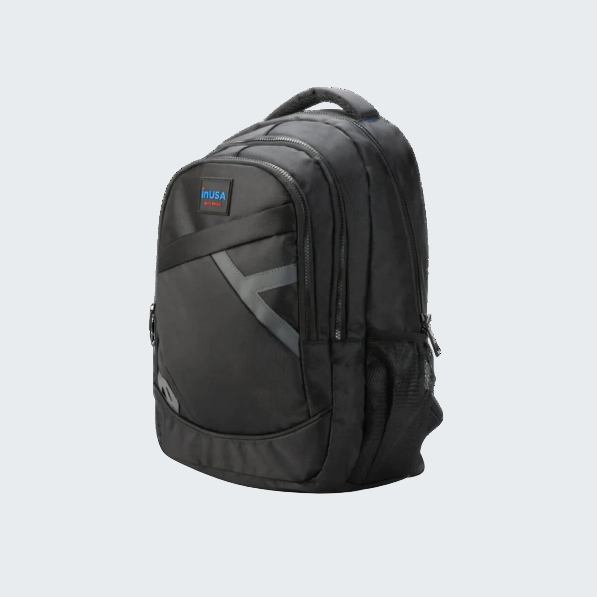 Black backpack with visible branding on a white background