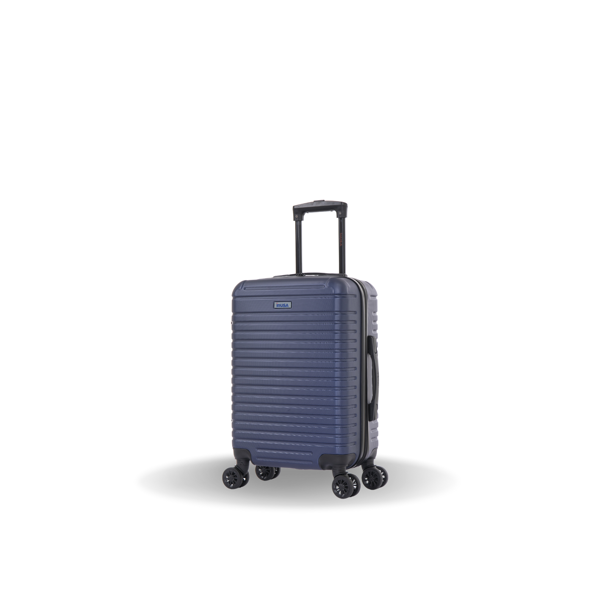 Blue suitcase with wheels on a white background