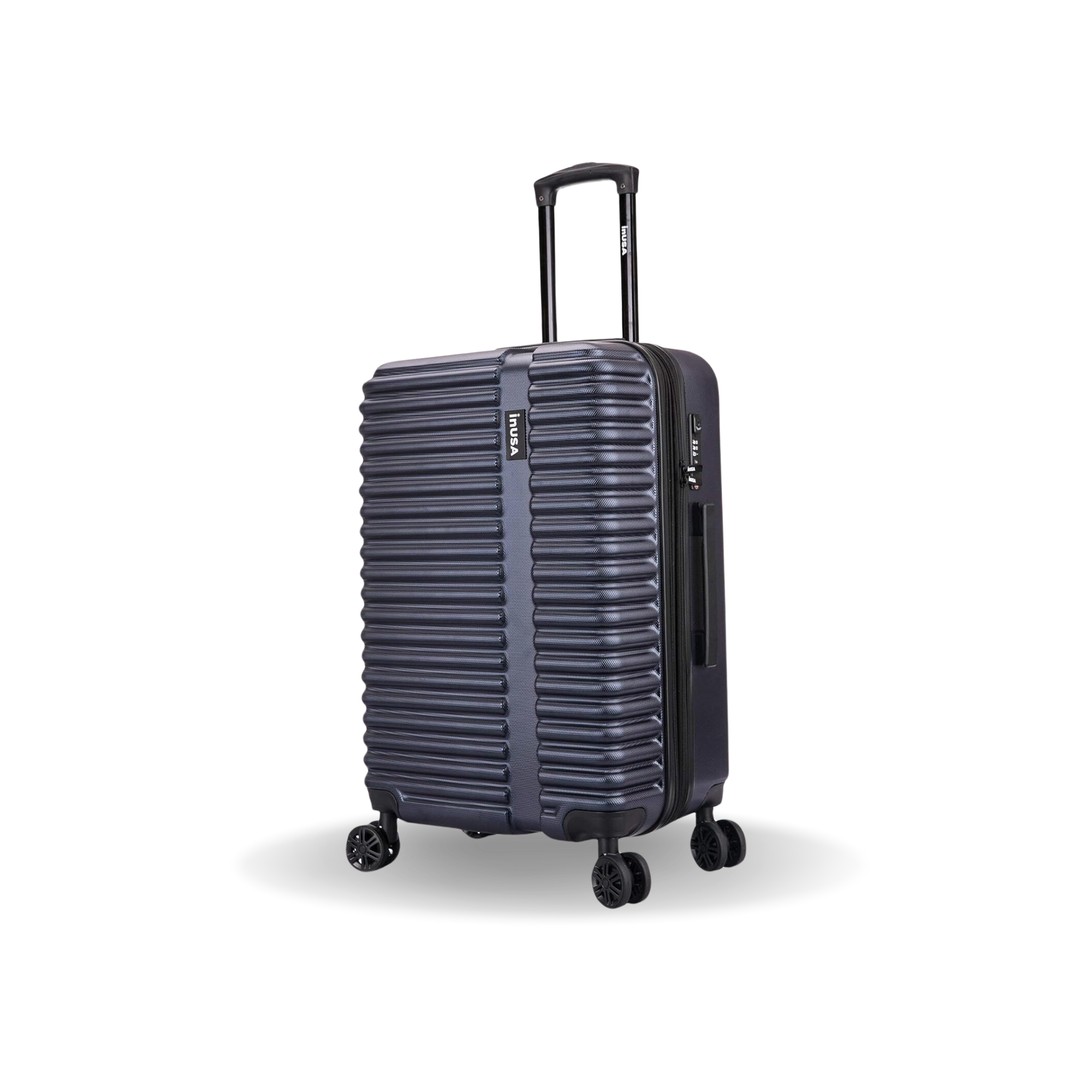 Gray suitcase with a striped pattern on a white background