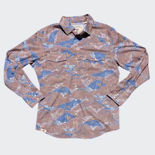 Long-sleeve shirt with a blue and brown pattern on a white background