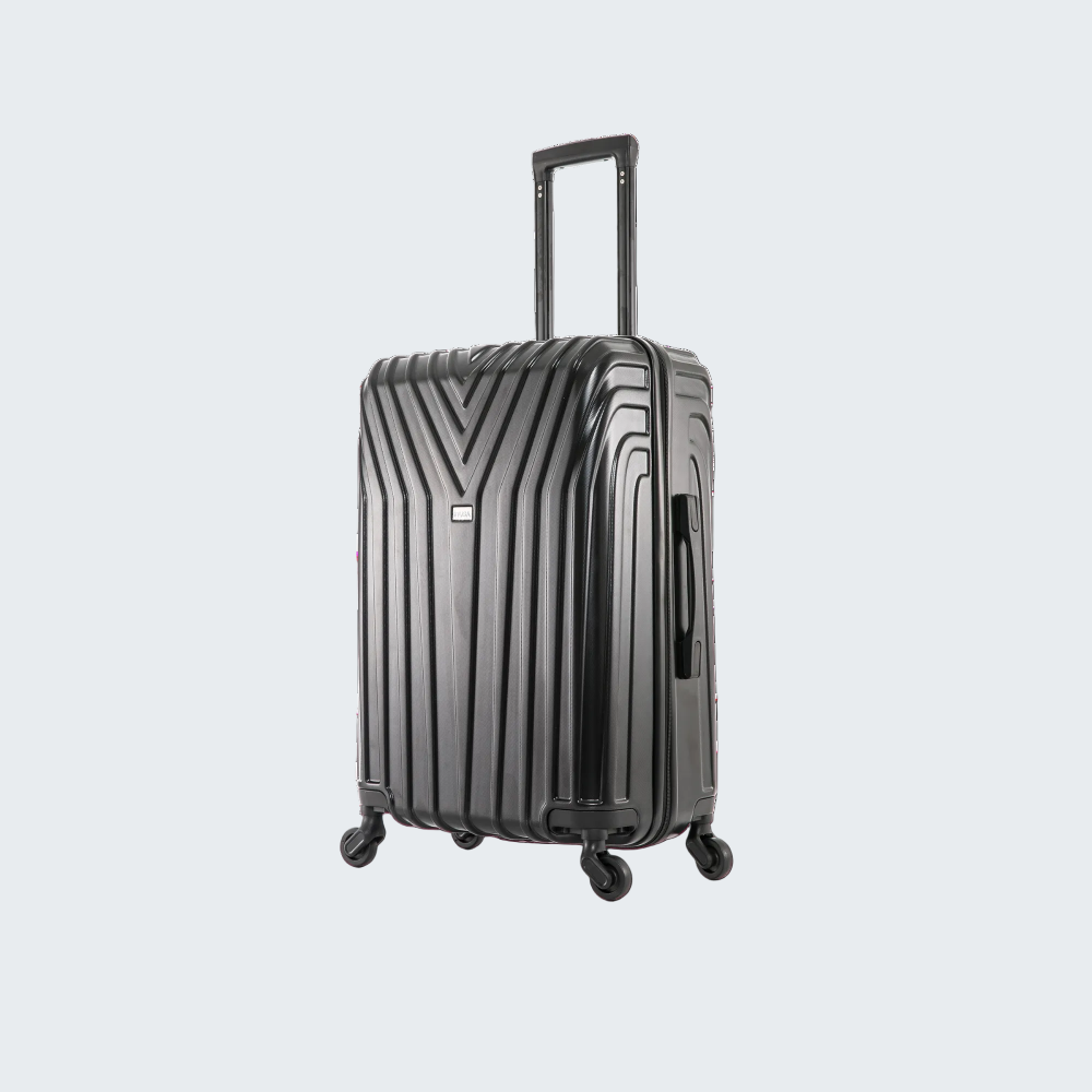 Black suitcase with a striped pattern on a white background