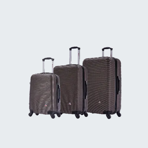 Set of three brown textured suitcases with wheels on a white background