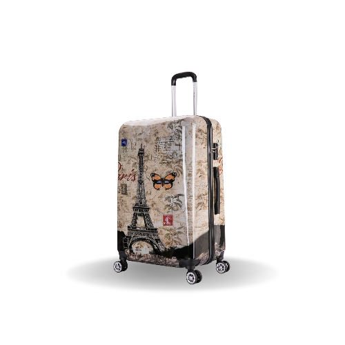 Travel suitcase with Eiffel Tower design on a white background