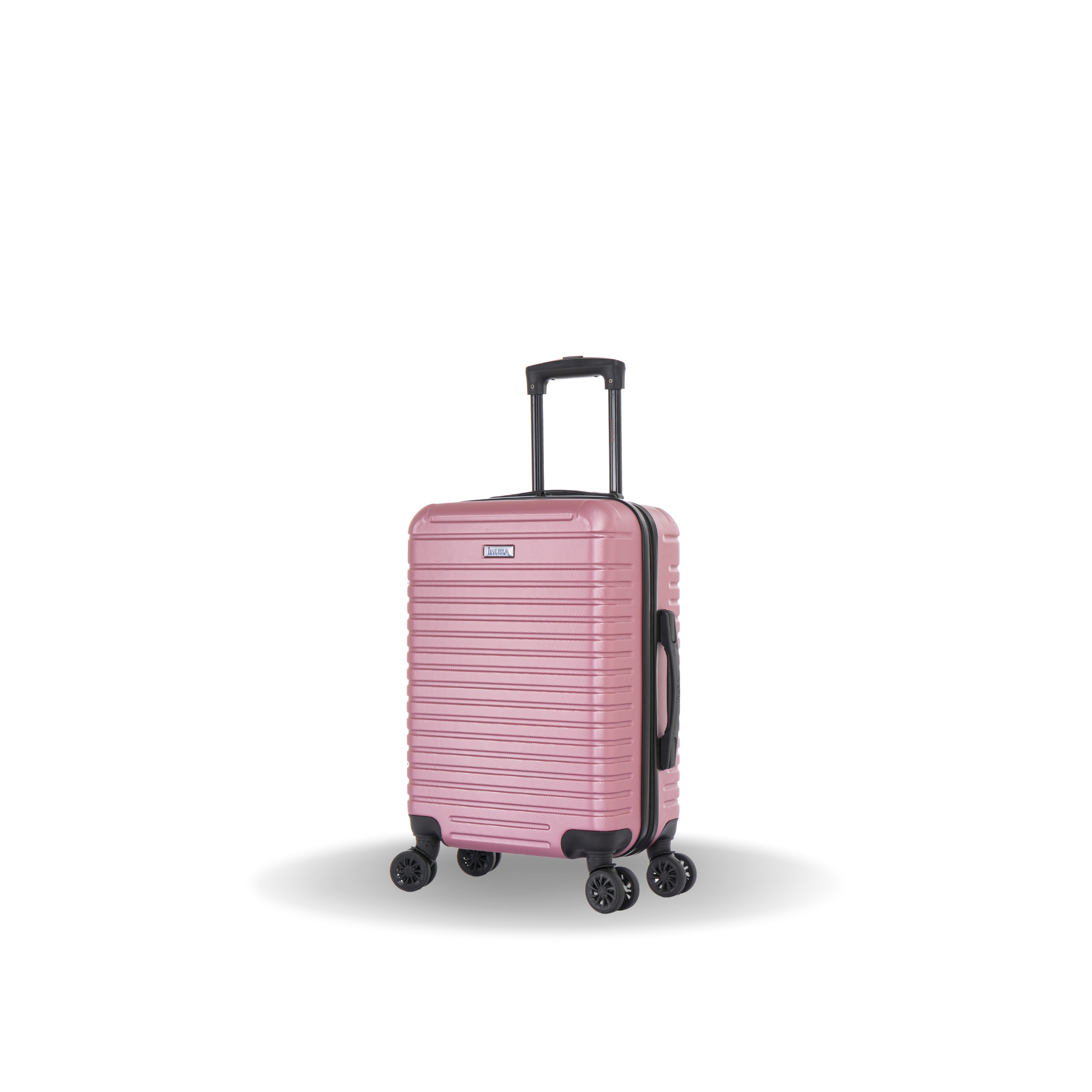 Pink suitcase with black wheels on a white background