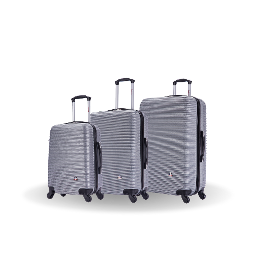 Set of three gray suitcases with black handles and wheels on a white background