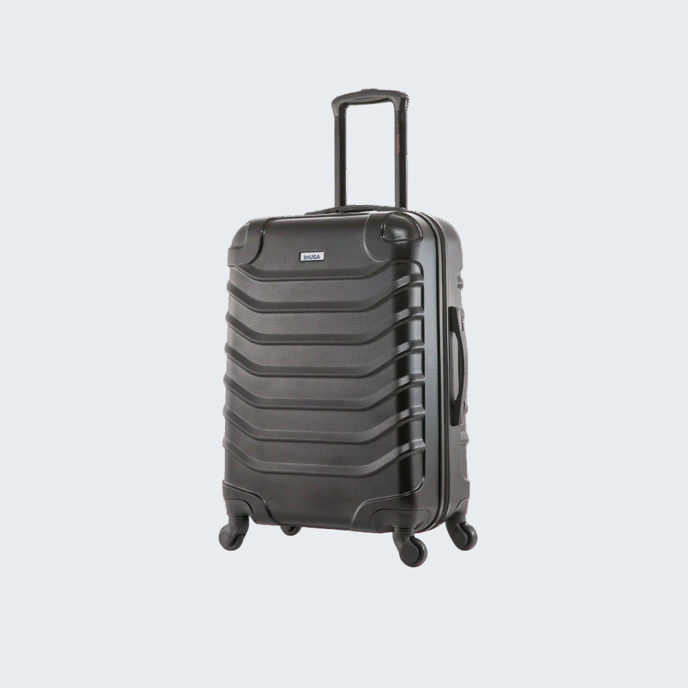 Black suitcase with a handle on a white background
