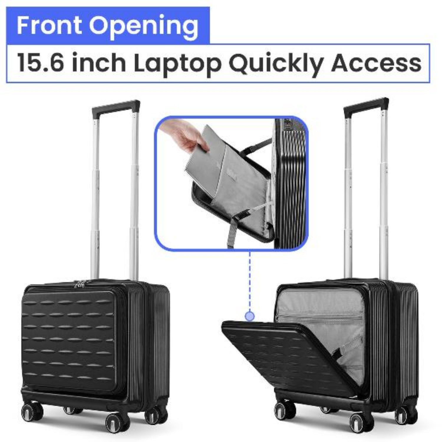 Black Hard Case Carry On Luggage with Front Open Door and Laptop Interlayer