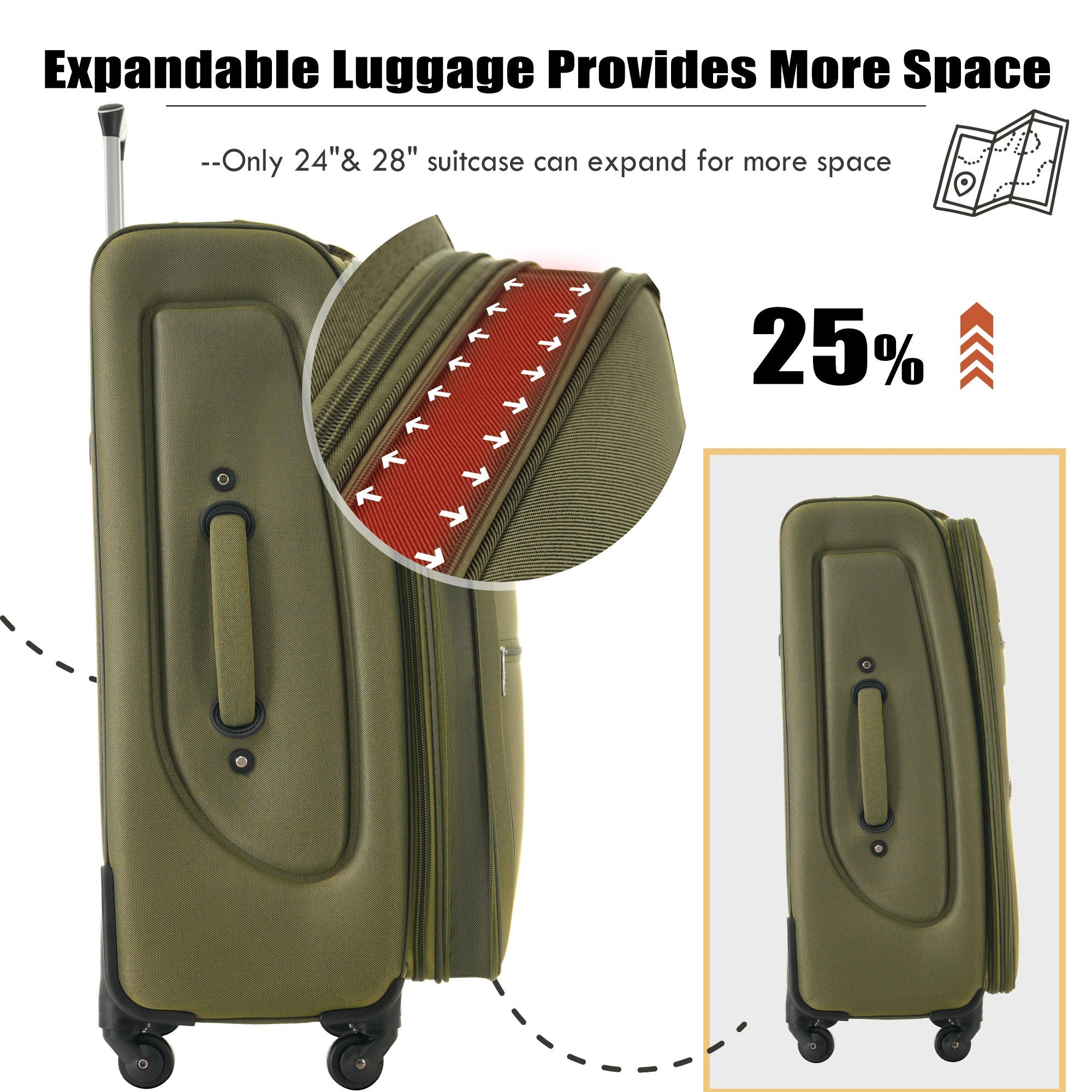 Green Softside Luggage Expandable Three Piece Set Suitcase with Duffel Bag