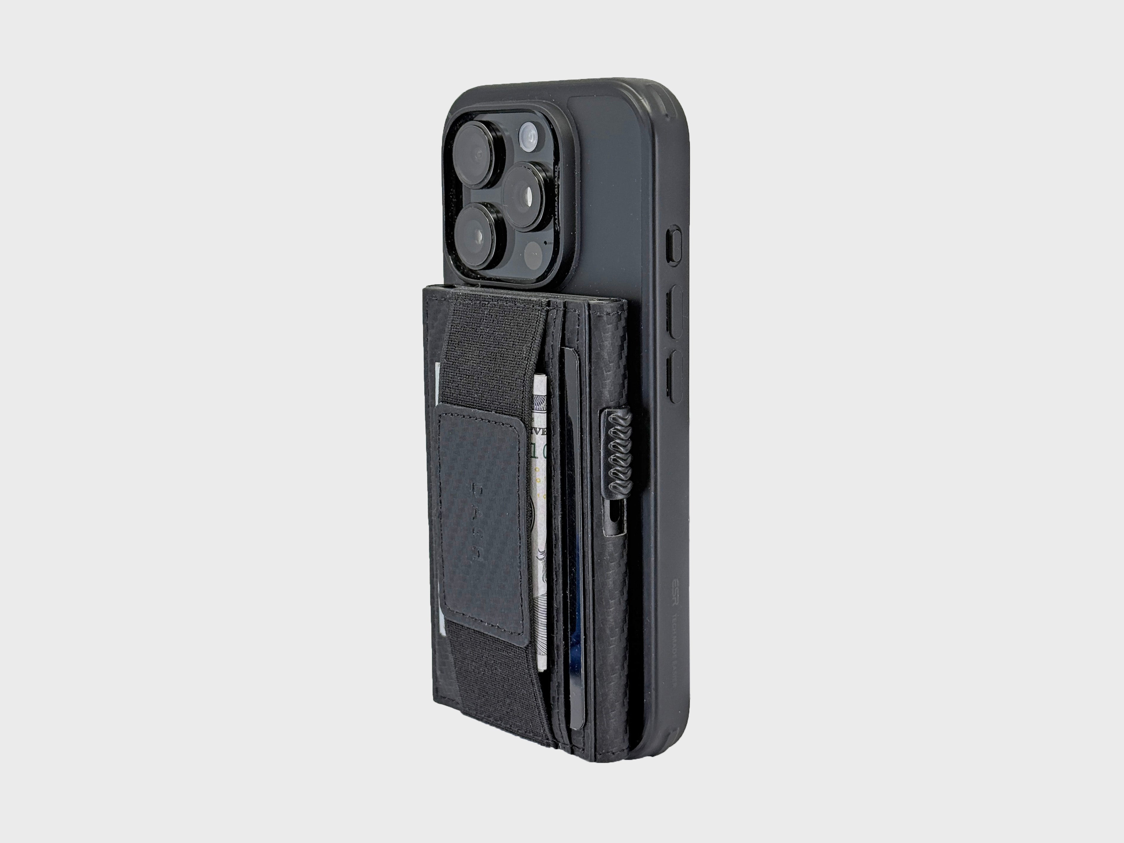 Phone case with multiple pockets and card slots on a white background