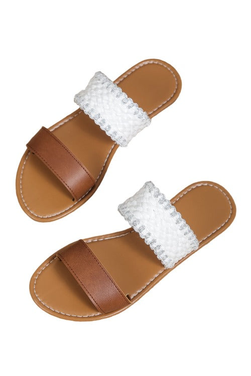 Chestnut Faux Leather Woven Strap Flat Slippers