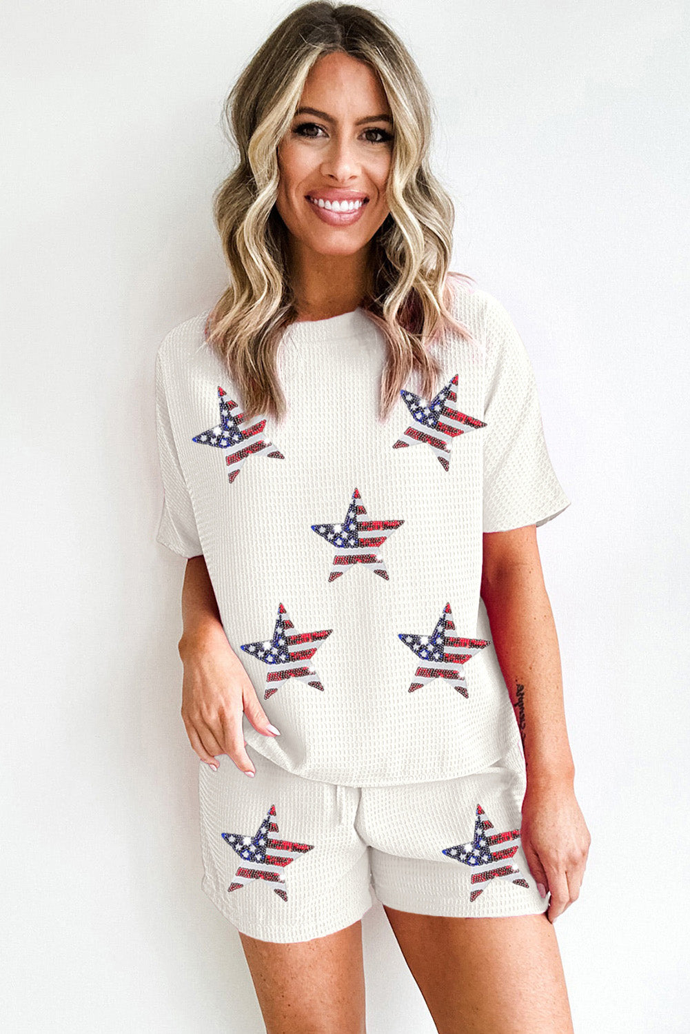 White Waffle Sequin American Flag Star Pattern Shorts Set