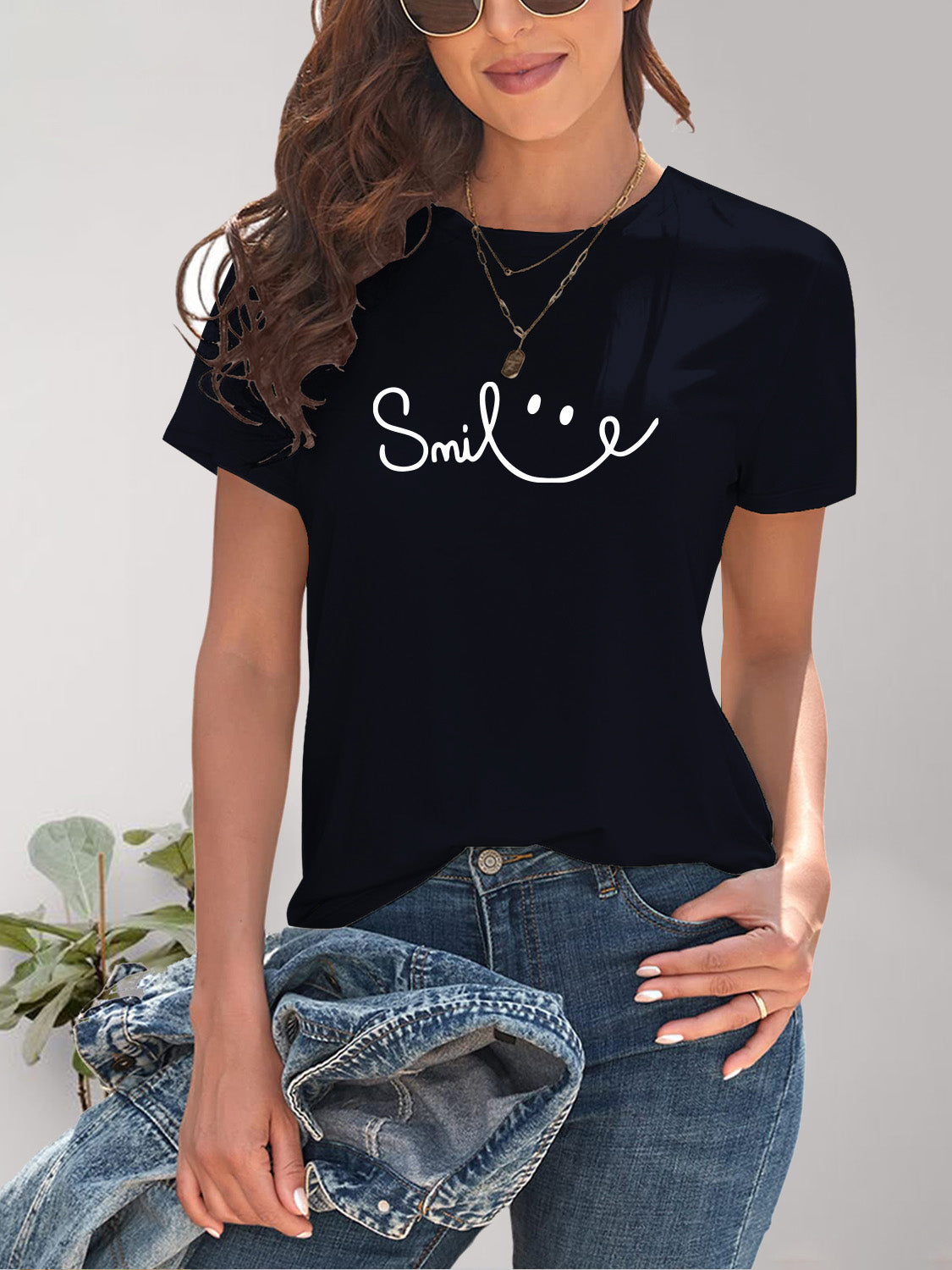 Smile Round Neck Short Sleeve T-Shirt