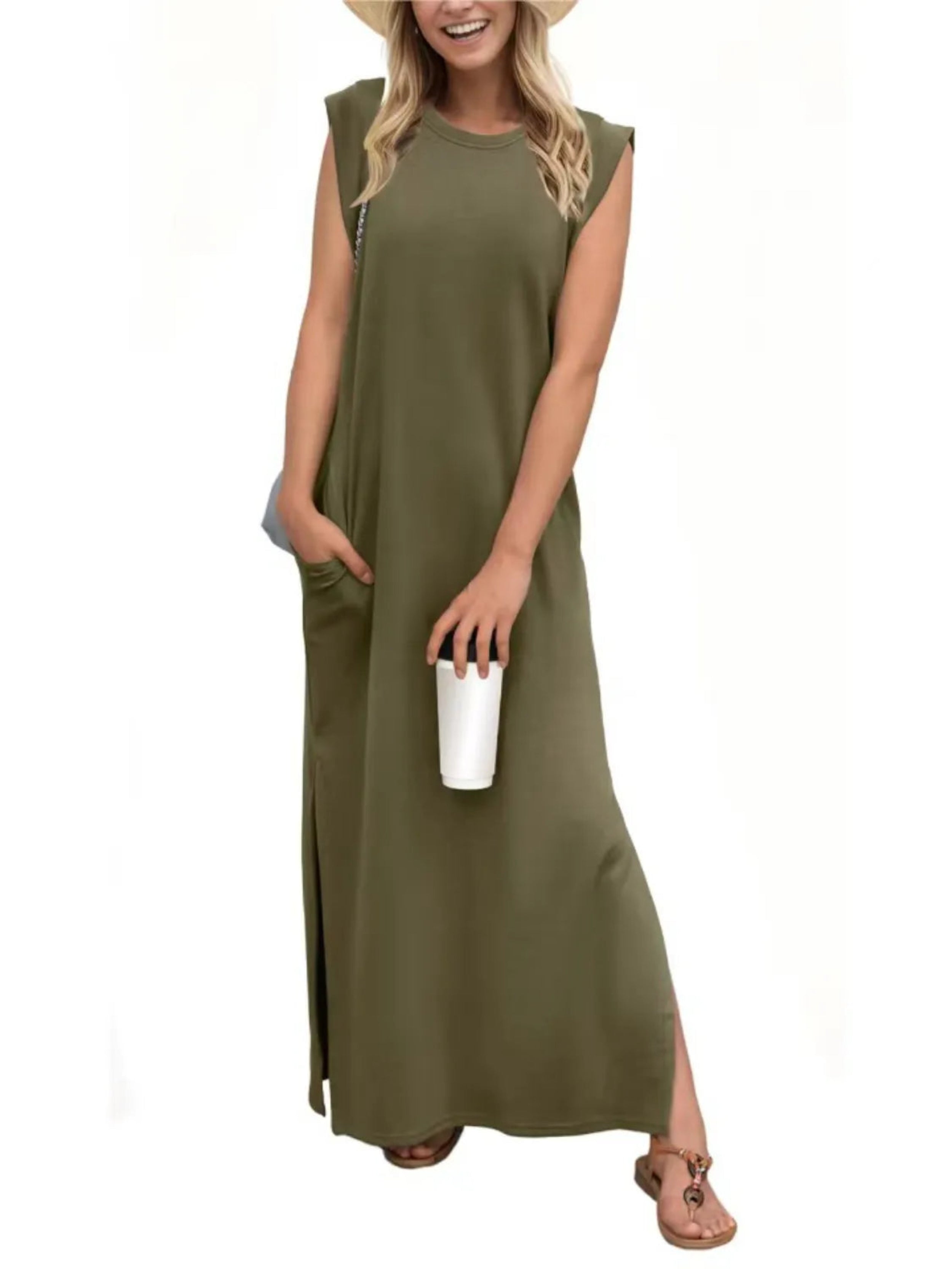 Full Size Slit Round Neck Sleeveless Maxi Tank Dress