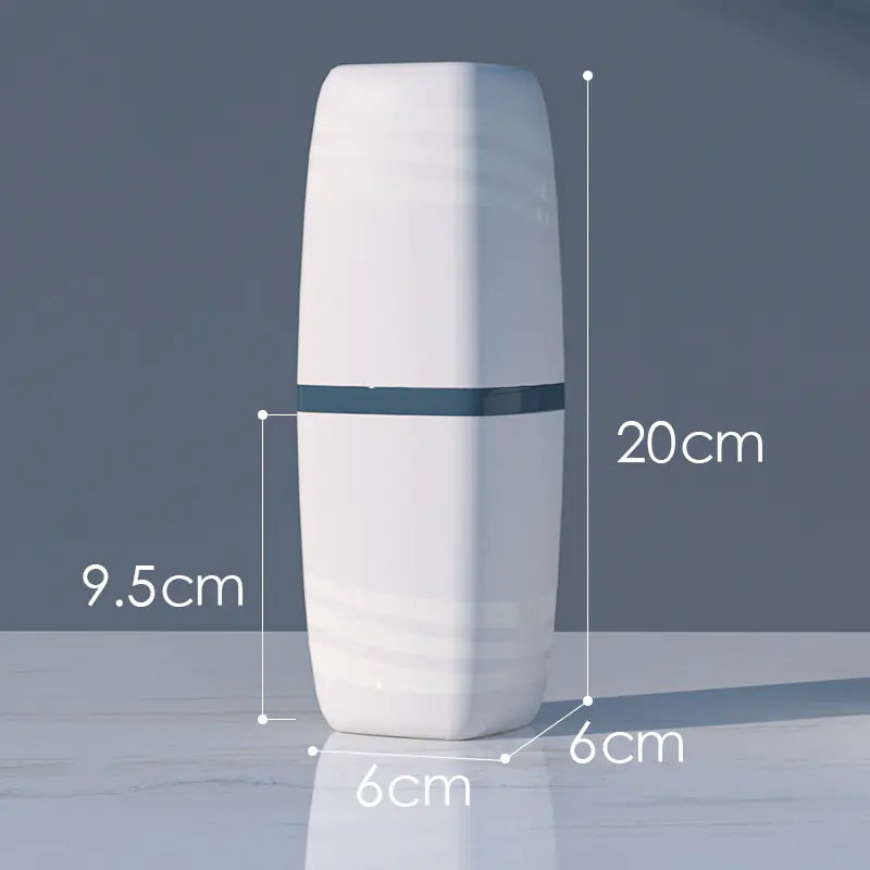 White cylindrical container with measurements on a dark background
