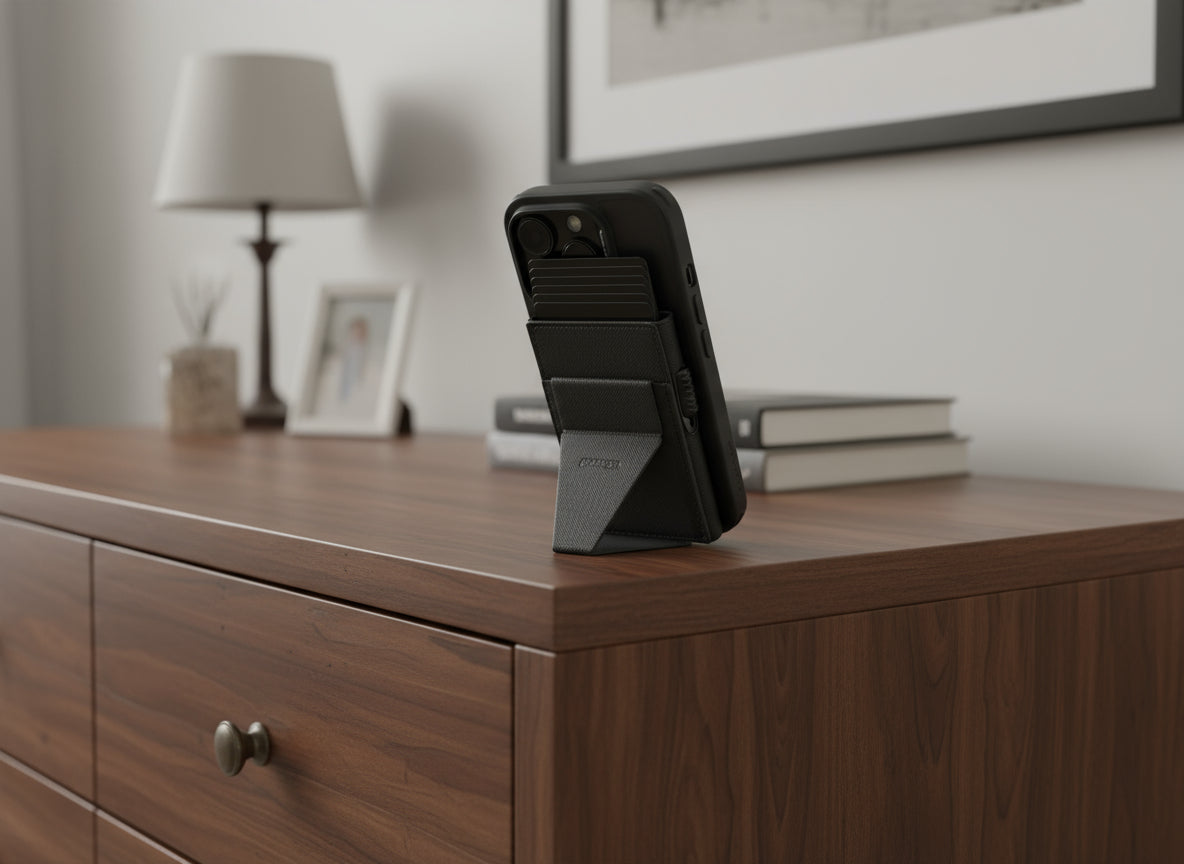 Black phone case with card holder on a light gray background