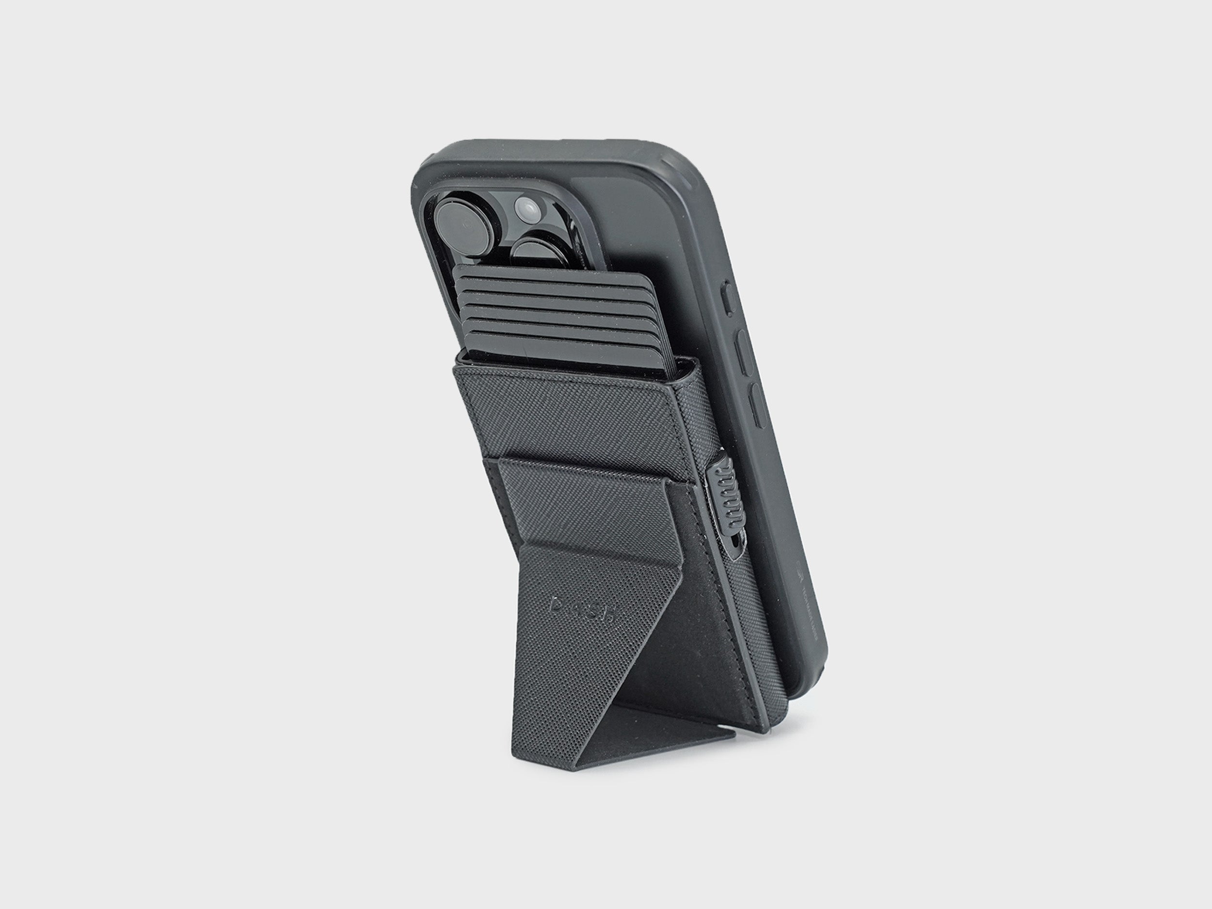 Black phone case with card holder on a light gray background