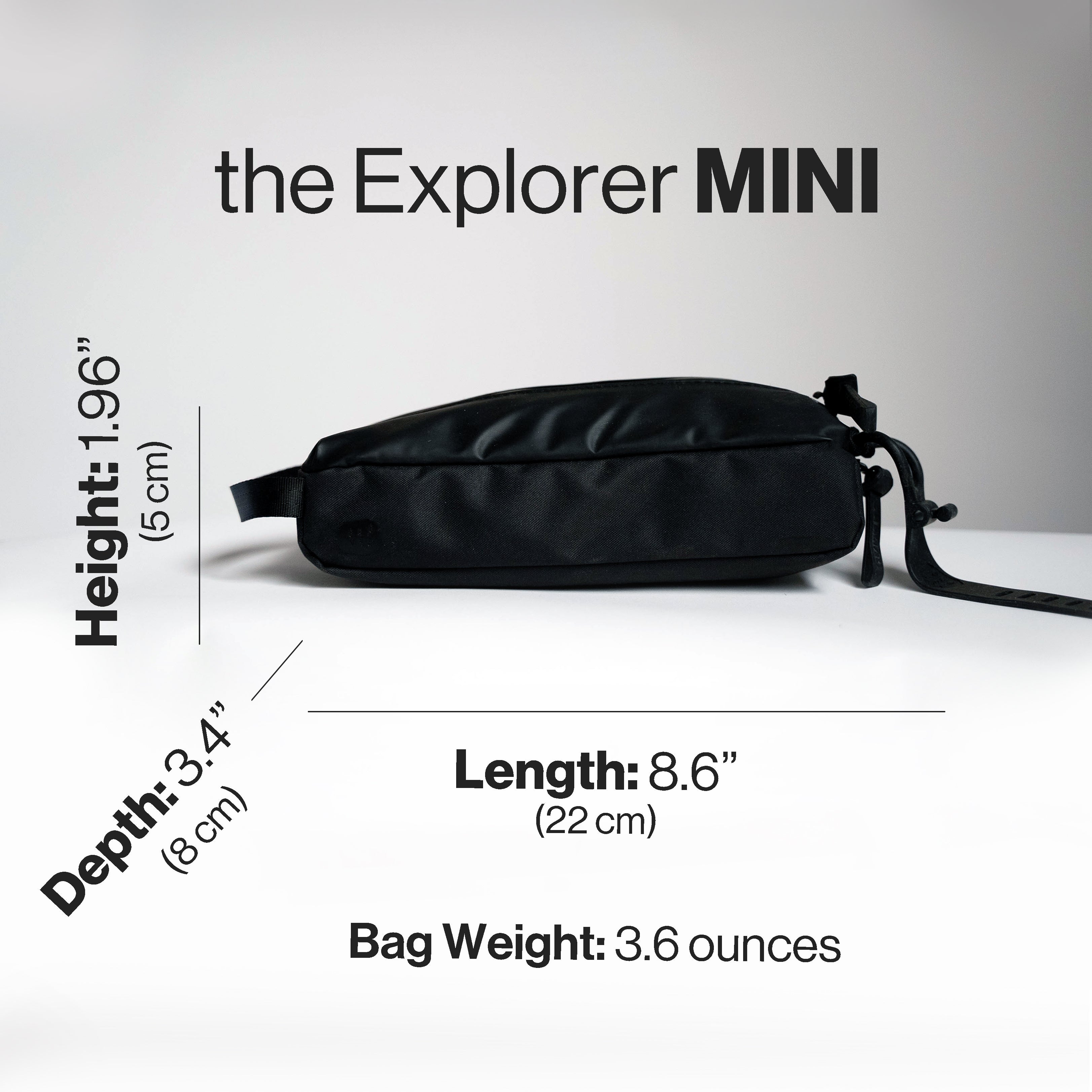 Black bag labeled 'the Explorer MINI' with measurements on a light gray background
