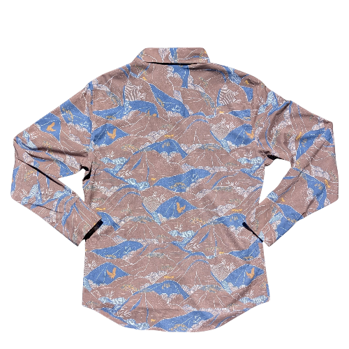 Long-sleeve shirt with blue and brown pattern on a white background