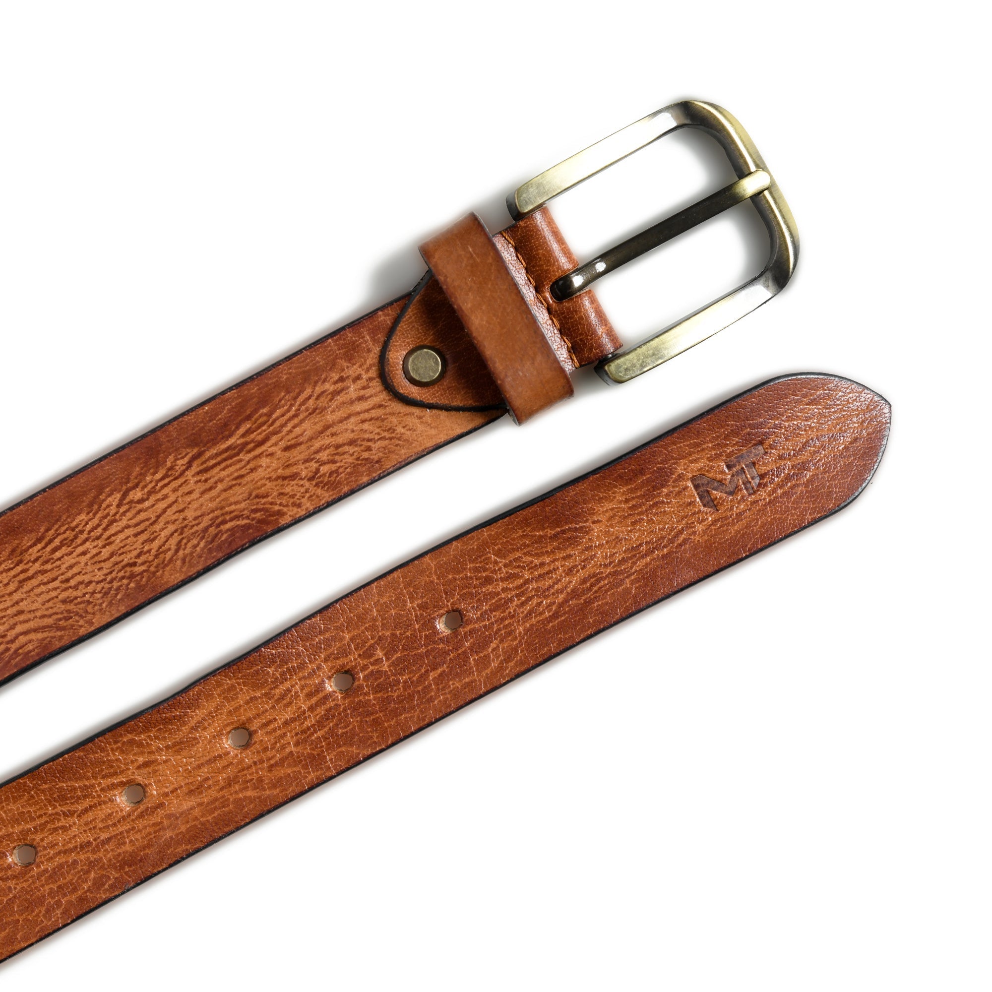 Brown leather belt with brass buckle on a white background