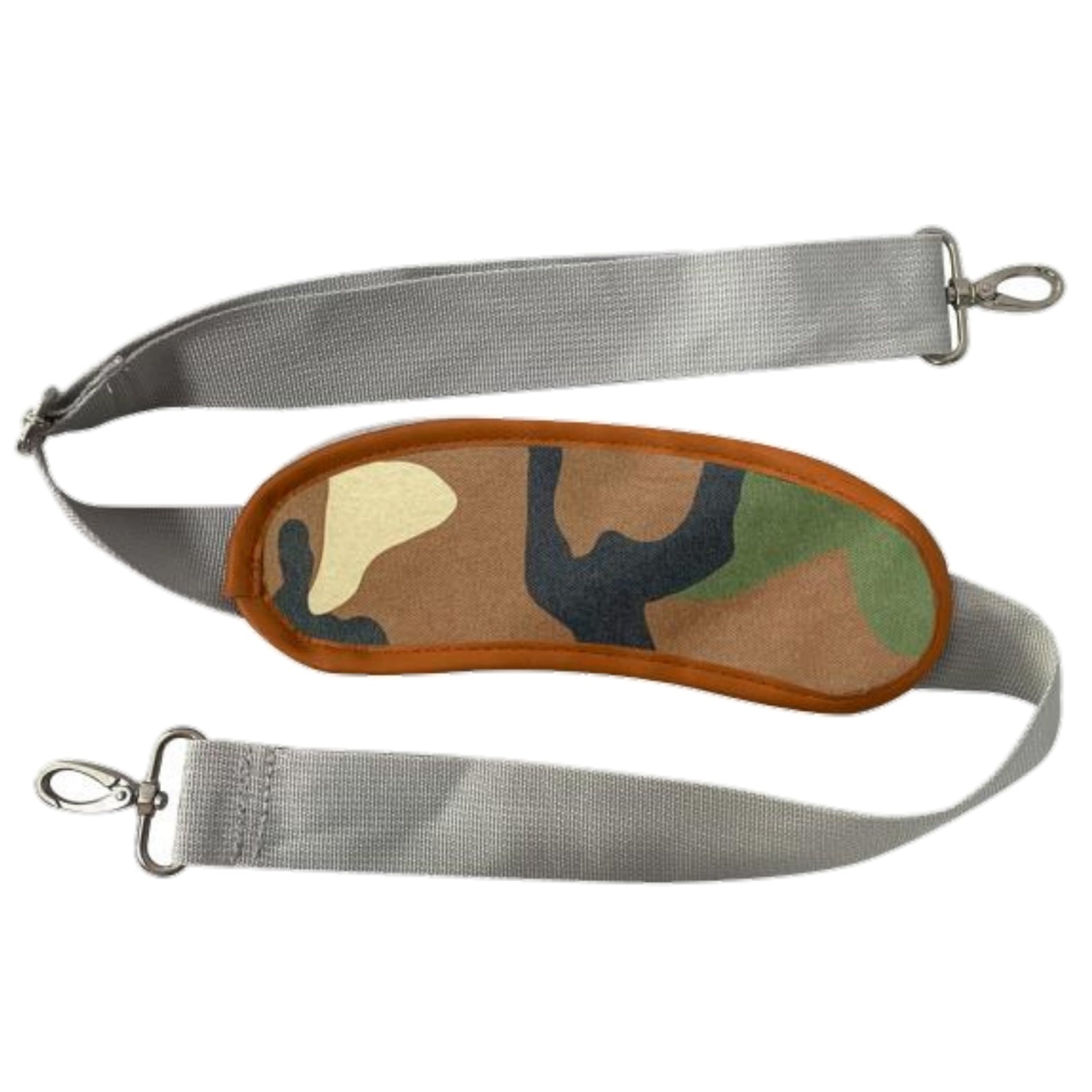 Camouflage-patterned eye patch with a gray strap on a white background