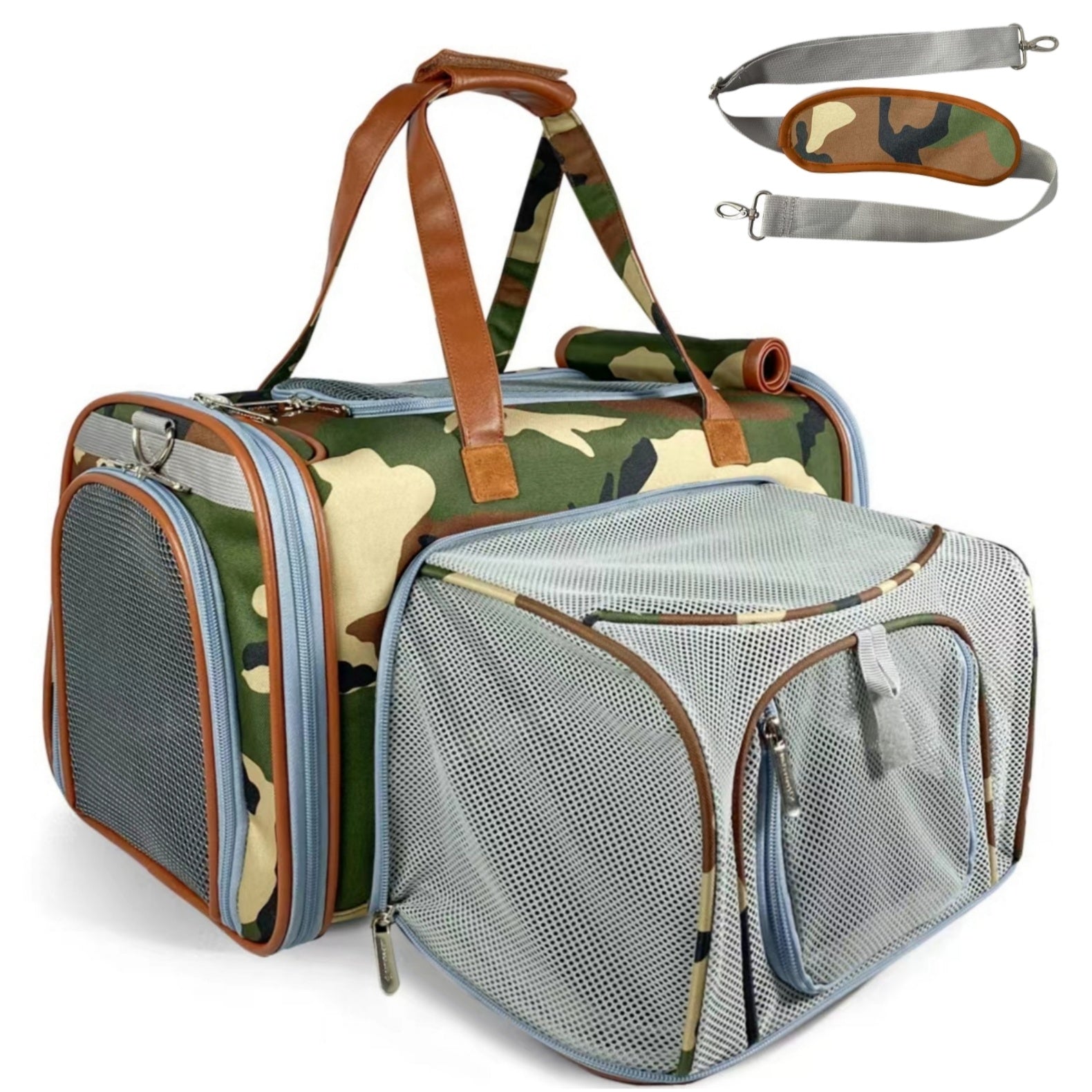 Pet carrier with camouflage design and additional strap on a white background