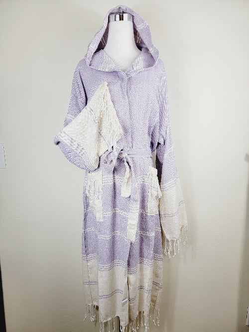 Lavender and white striped robe with hood on a mannequin against a plain background