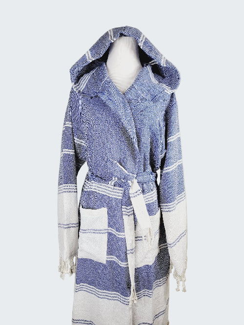 Blue and white patterned robe with hood on a mannequin against a plain background