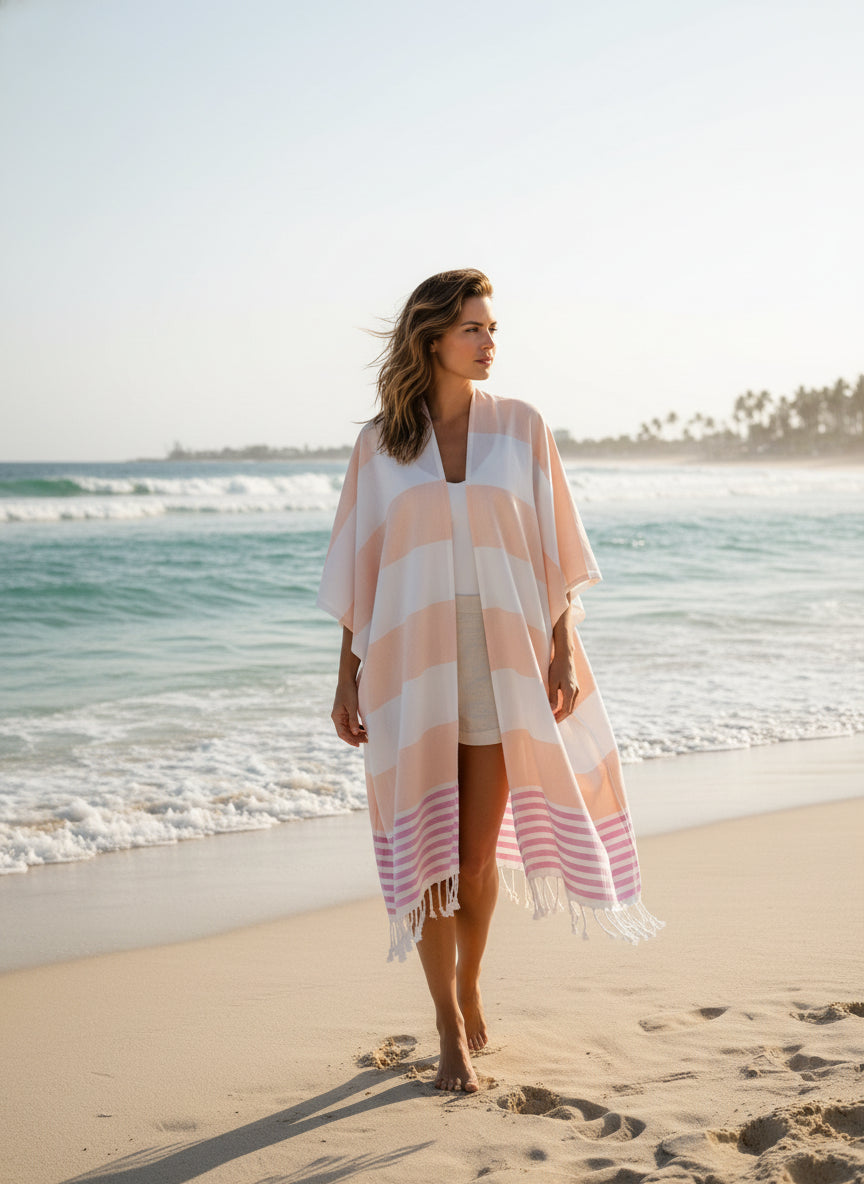 Mannequin wearing a light pink and white striped scarf with fringe on a plain background