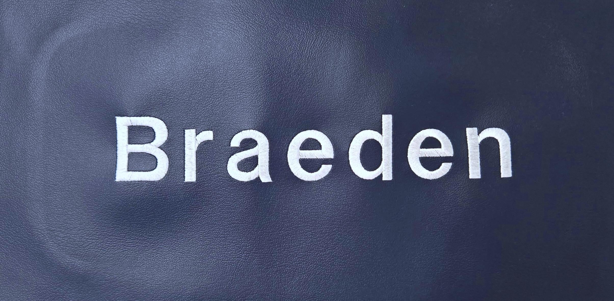 Text 'Braeden' on a textured dark blue background