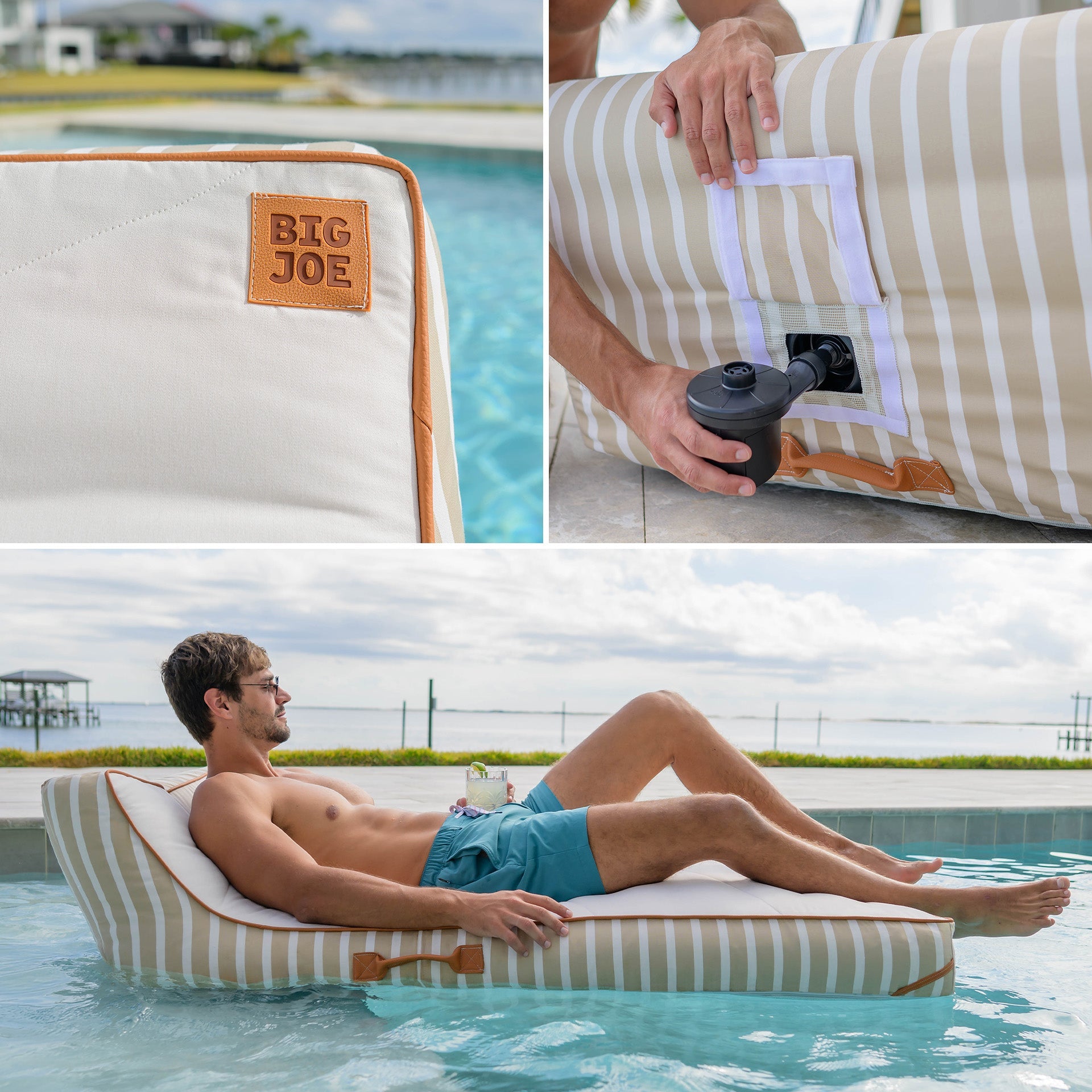 Collage of a striped inflatable lounge chair with 'BIG JOE' branding, being inflated, and a person relaxing on it by a pool.