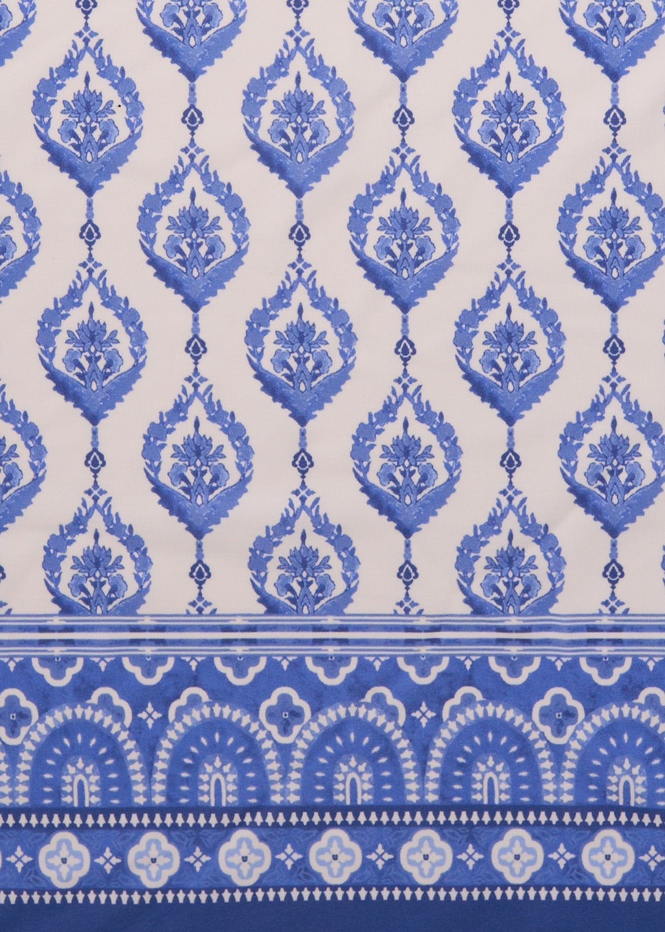 Patterned fabric with blue and white geometric design