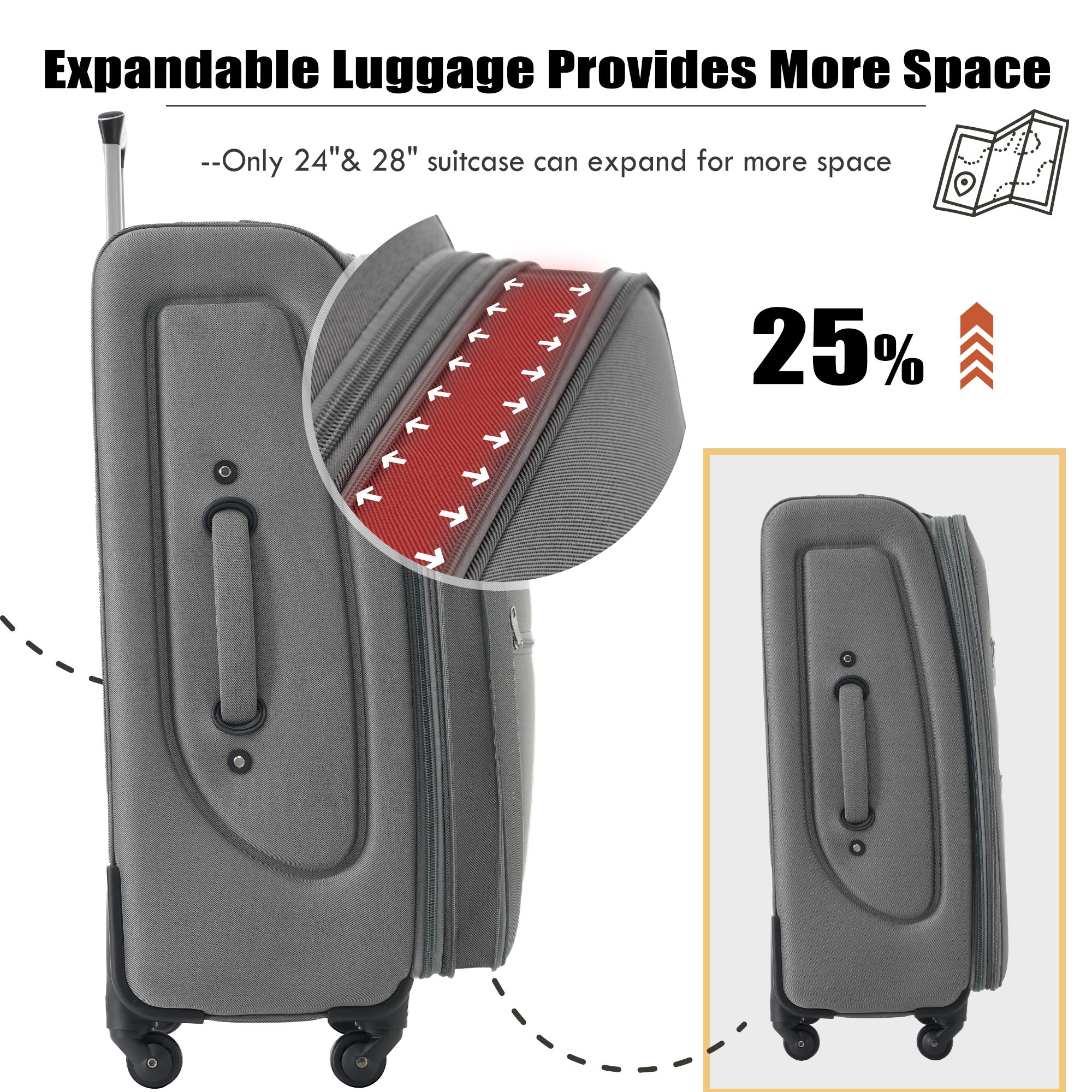 A set of gray softside luggage which includes a 20-inch, 24-inch, and 28-inch suitcase with spinner wheels, a duffel bag, and a toiletry bag.