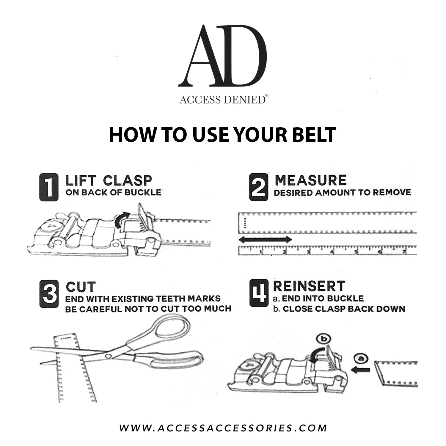 Instructions on how to use a belt with illustrations and text, featuring the brand 'Access Denied'.