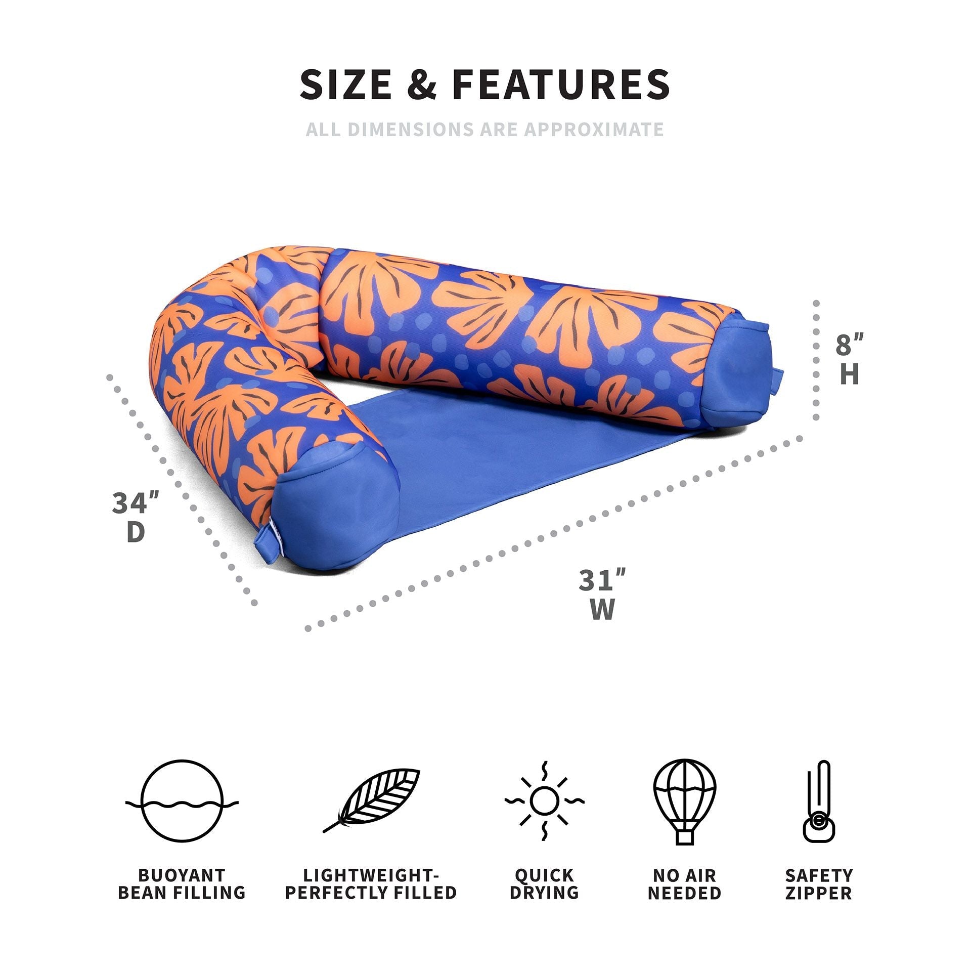 Inflatable pillow with floral pattern and dimensions on a white background