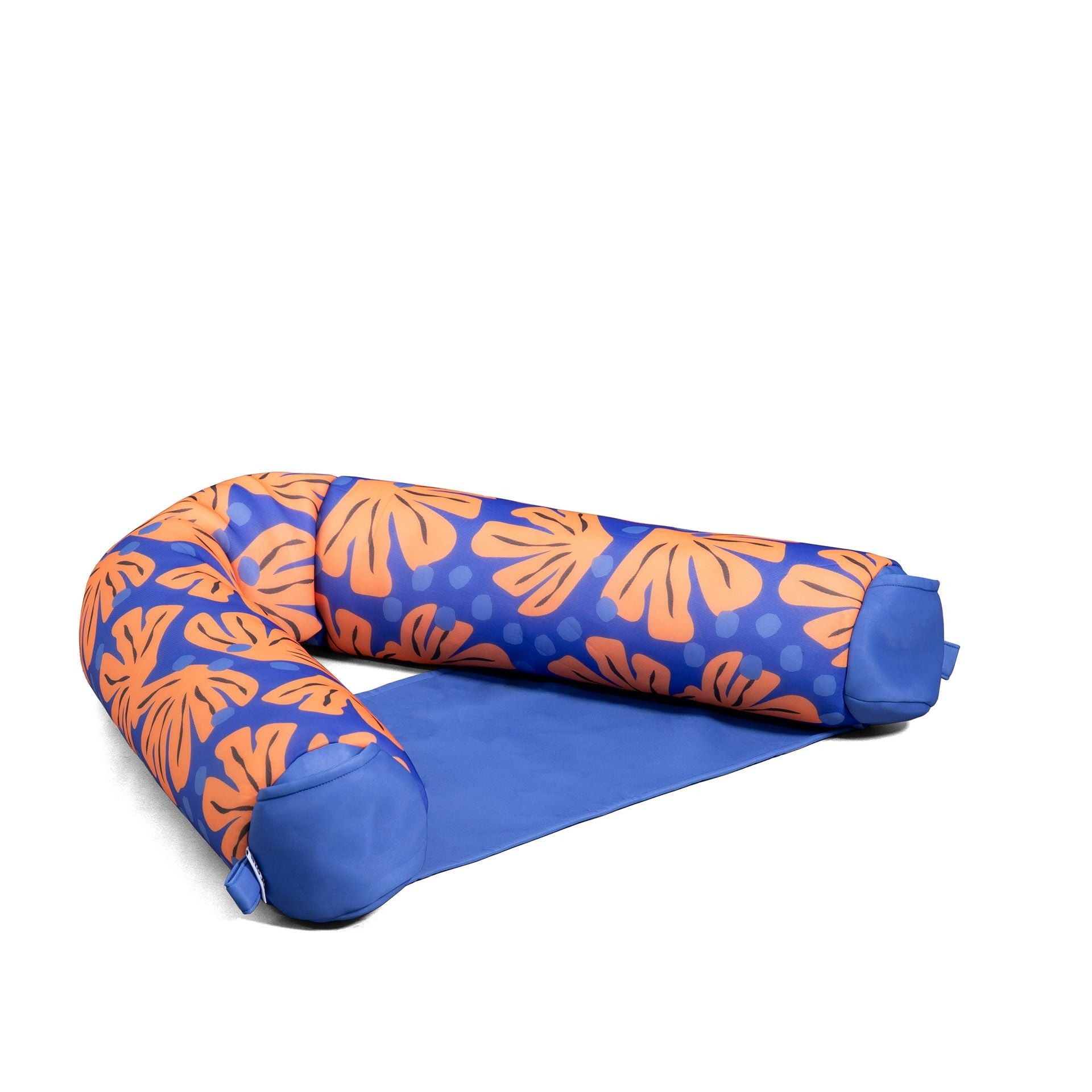 Inflatable pool float with orange and blue leaf pattern on a white background